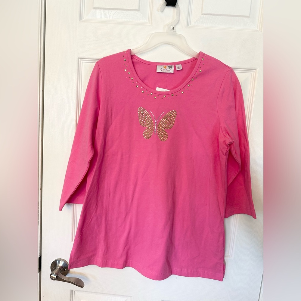 NEW Quacker Factory women pink embellished butterfly 3/4 sleeve top shirt MEDIUM